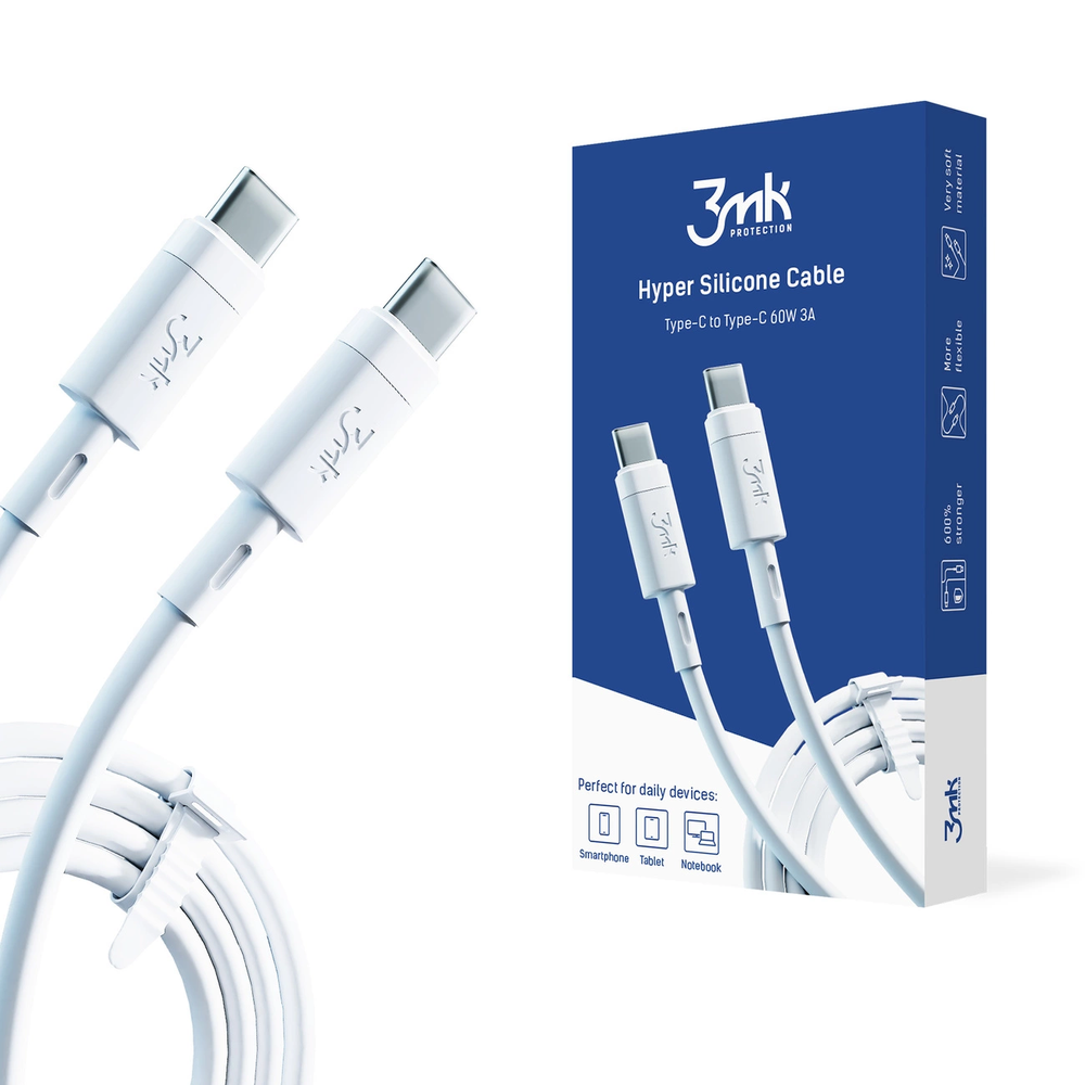USB kabelis 3mk Hyper Silicone Cable Type-C 60W 3A 1m
