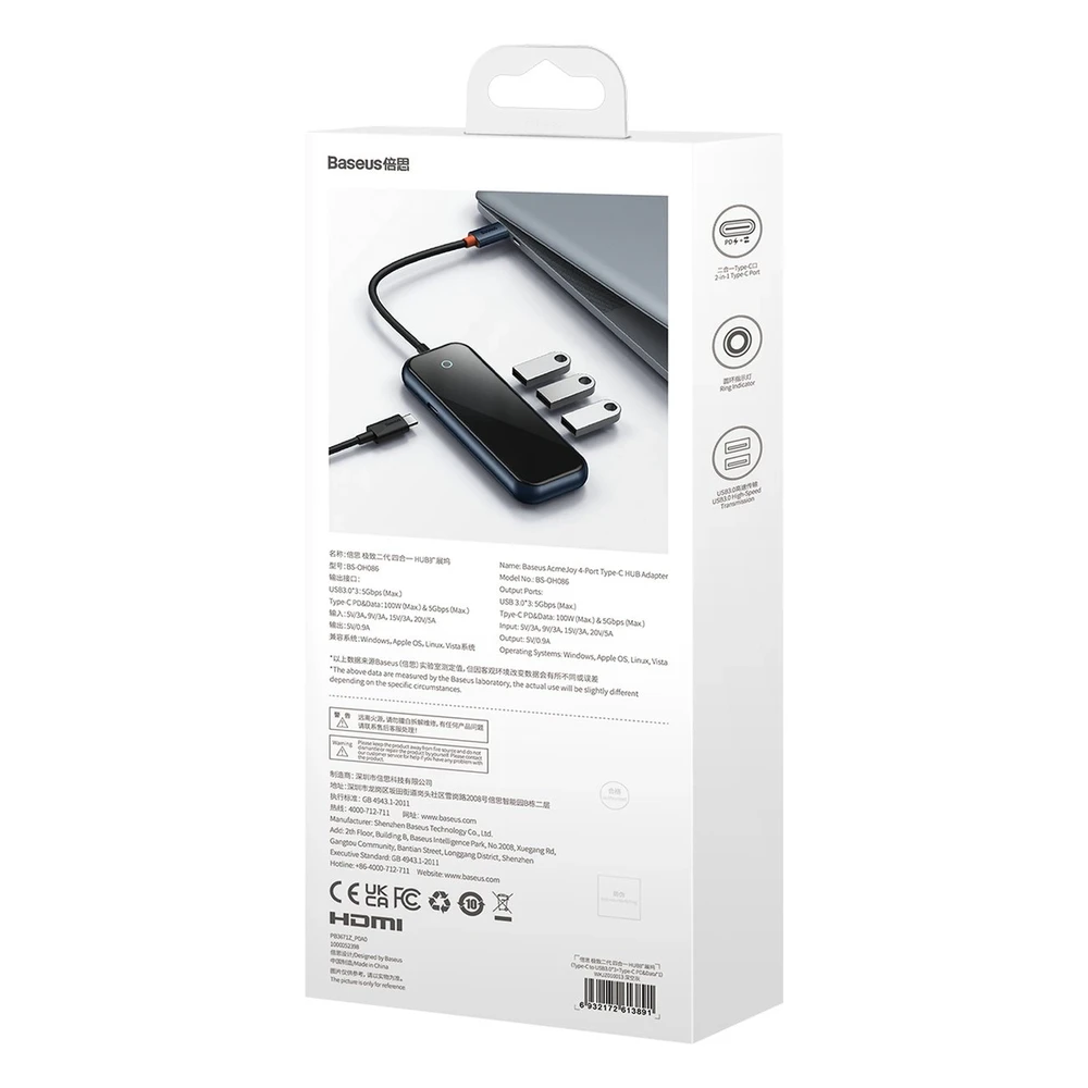 Hub 4in1 Baseus AcmeJoy Series USB-C iki 3xUSB 3.0 + USB-C PD (tamsiai pilka)