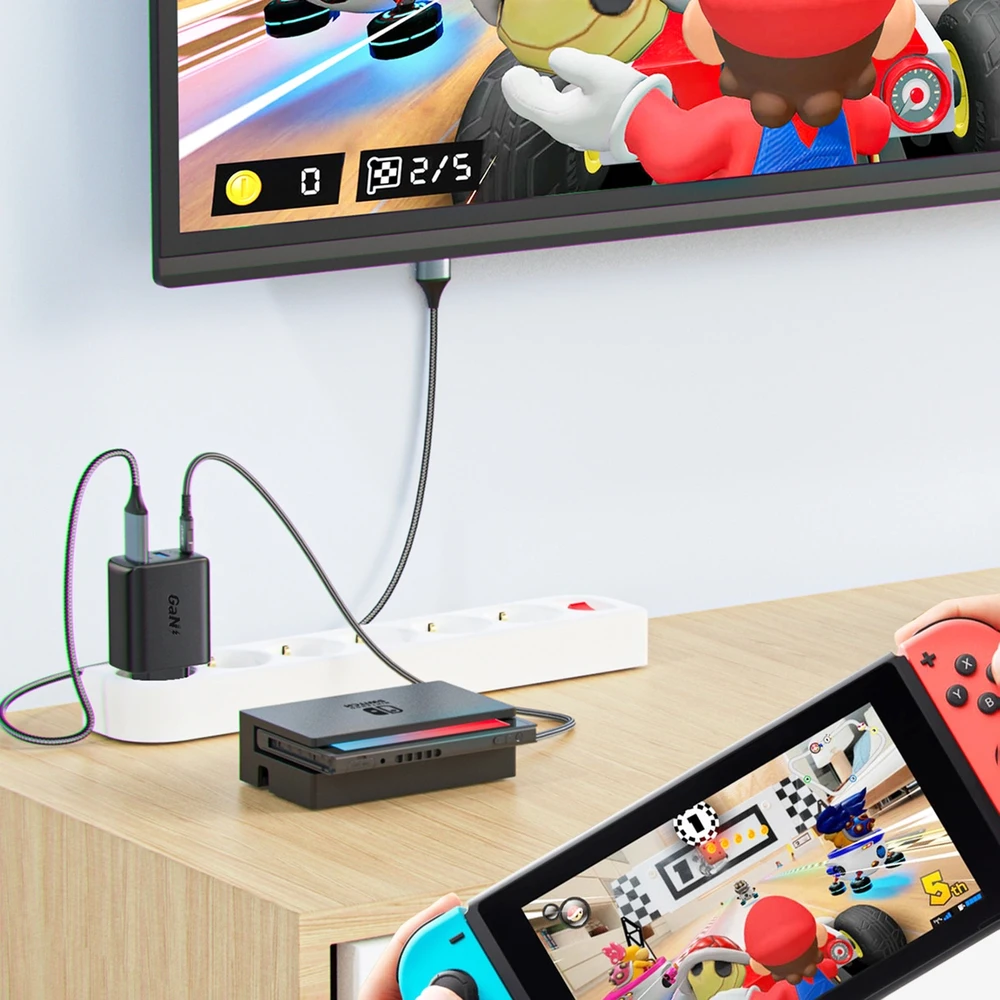 Acefast 2in1 įkroviklis GaN 65W USB Type C / USB, adapter adapter HDMI 4K @ 60Hz (set su kabelis) baltos spalvos (A17 baltos spalvos)