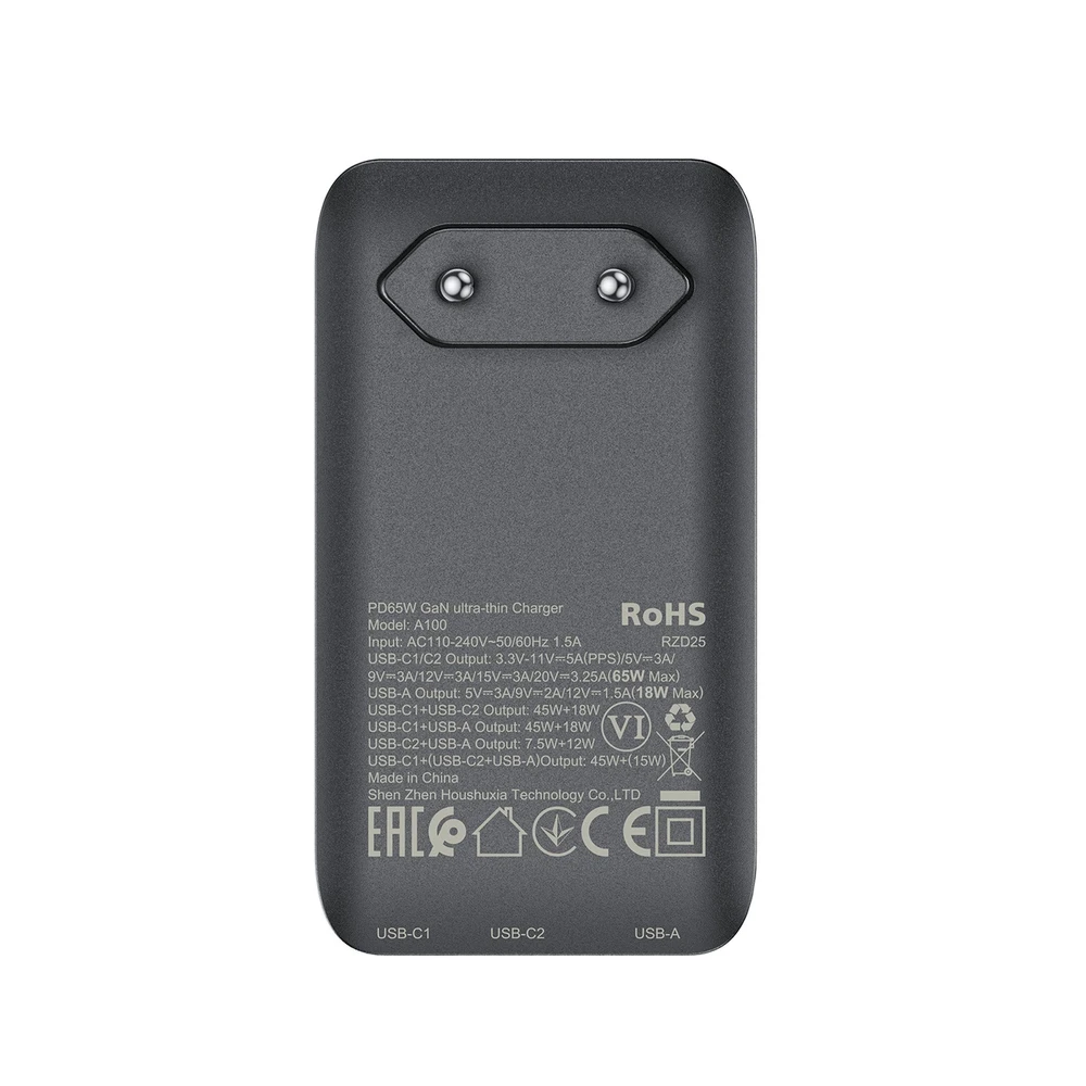 Acefast A100 65W GaN 2 USB-C+ USB-A įkroviklis Ultra Slim – juodos spalvos