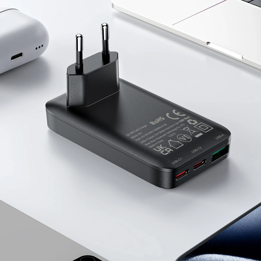 Acefast A100 65W GaN 2 USB-C+ USB-A įkroviklis Ultra Slim – juodos spalvos