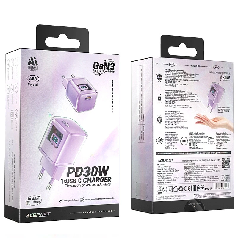 Sieninis įkroviklis Acefast A53 Sparkling serija PD 30W GaN (violetinė)