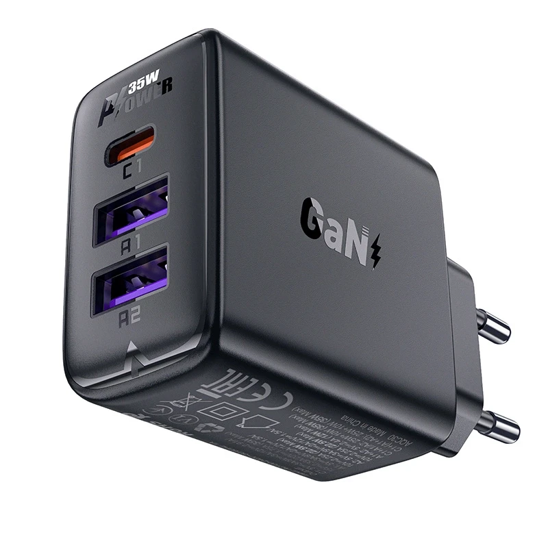 Sieninis įkroviklis Acefast A57 GaN 2xUSB-A+USB-C PD35W EU (juodas)