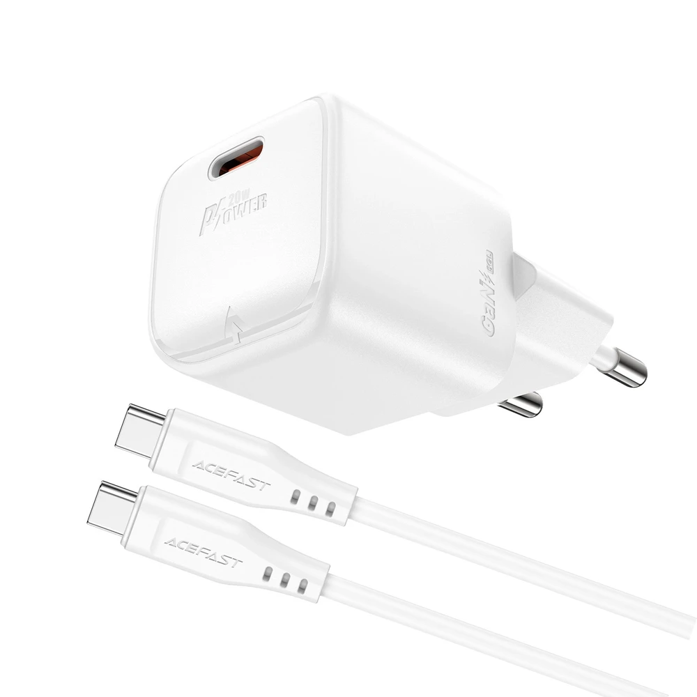 Acefast A73 Mini PD 20W GaN laidinis įkroviklis + USB-C kabelis – baltos spalvos