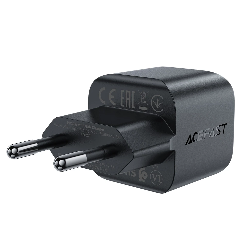 Acefast A77 Mini PD 30W GaN USB-C laidinis įkroviklis – juodos spalvos