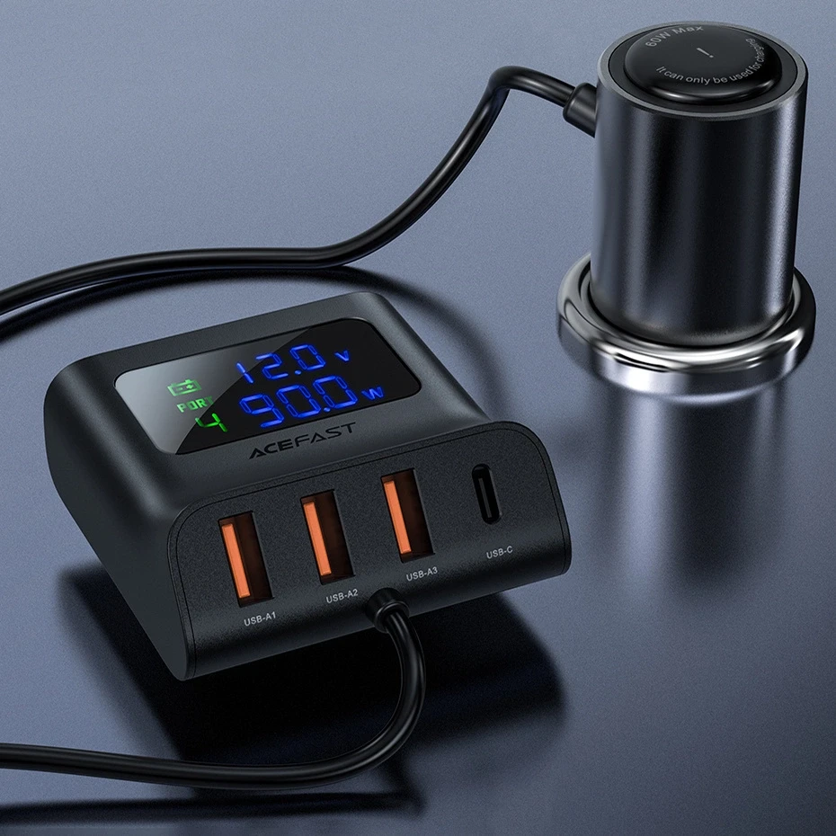 Automobilinis įkroviklis Acefast B8 90W Car HUB 3xUSB-A/Type-C juodas