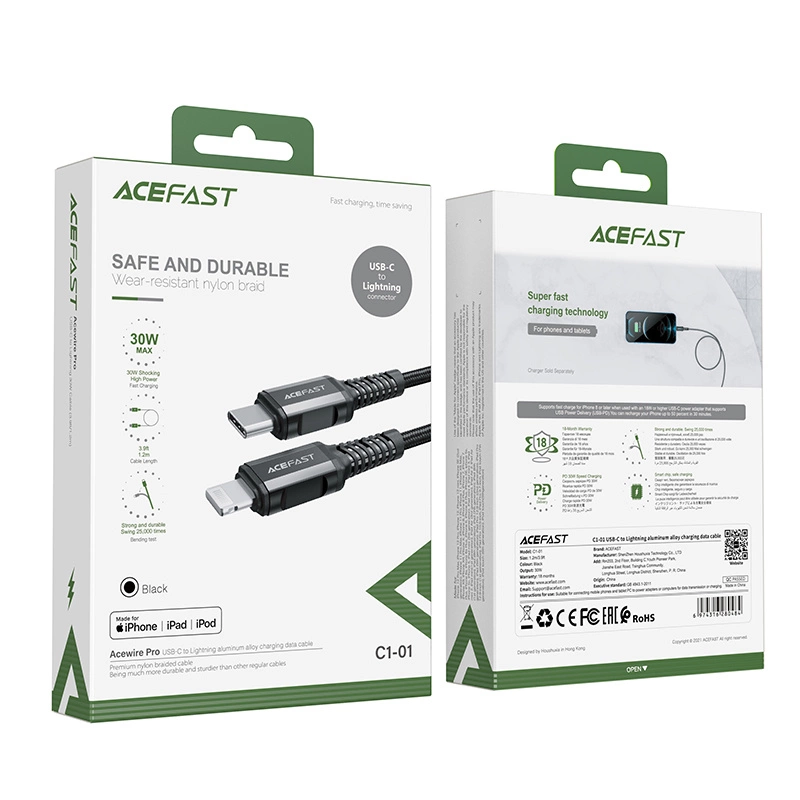 USB-C laidas į Lightning Acefast C1-01, 1.2 m (juodas)