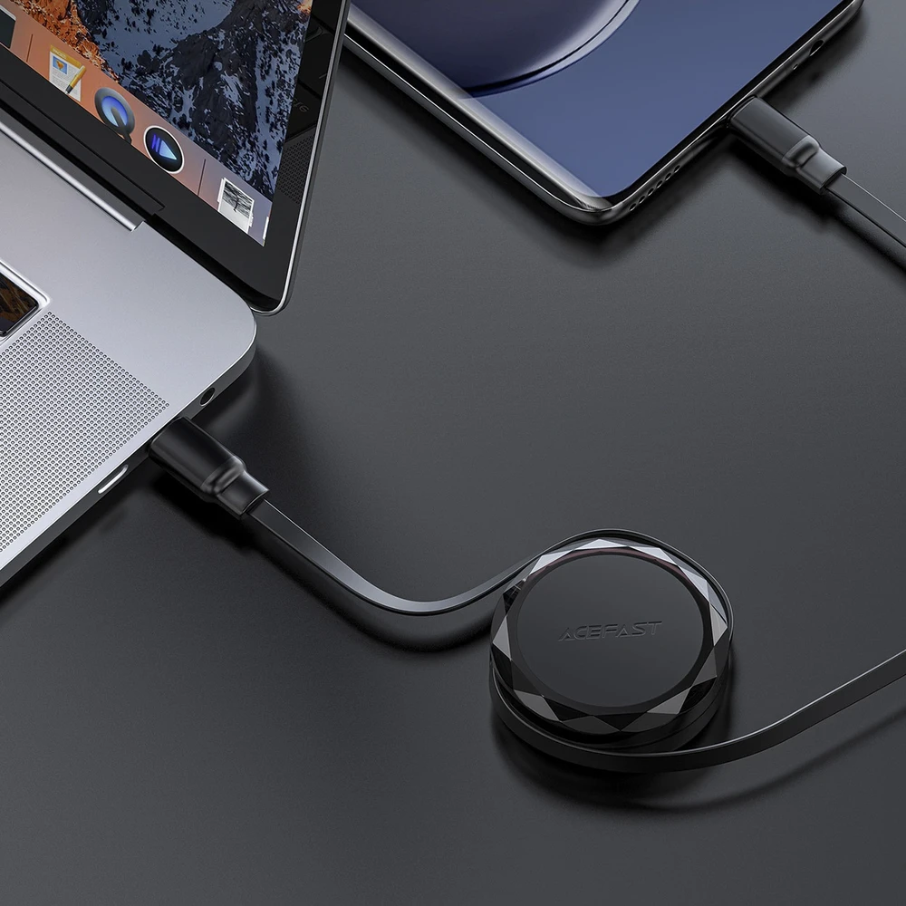 Acefast C13-03 USB-C – USB-C 60W kabelis Retractable – juodos spalvos