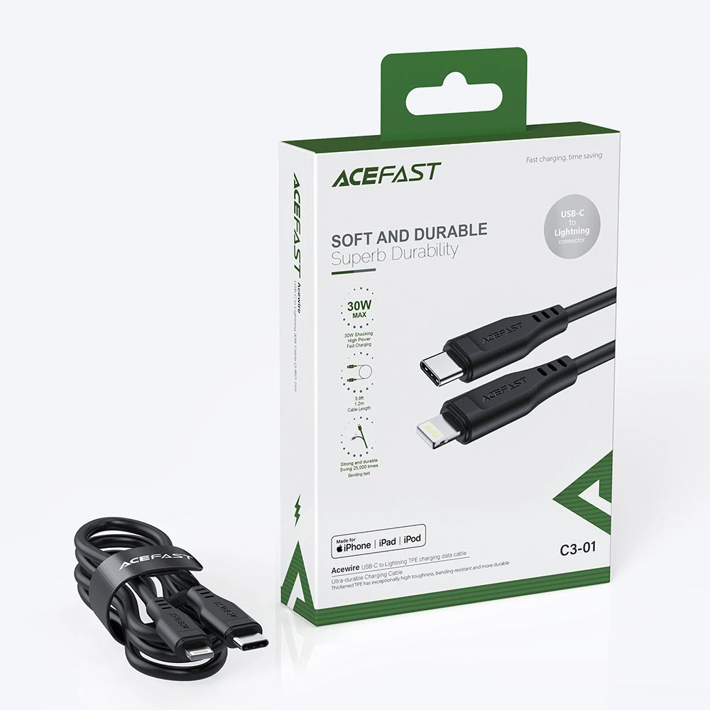 USB laidas MFI Acefast C3-01, USB-C iki Lightning, 30 W, 1,2 m (baltas)