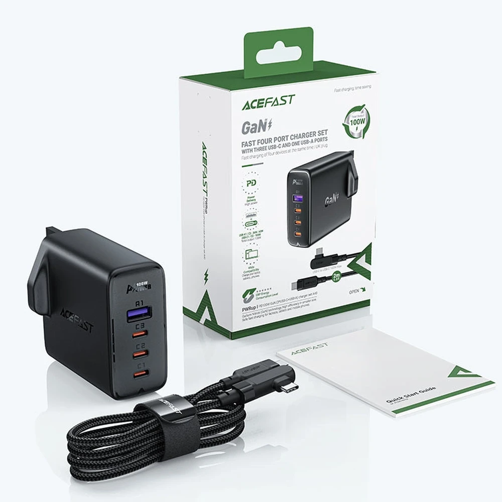 Acefast Fast įkroviklis GaN UK 100W Power Delivery 3x USB C 1x USB – juodos spalvos