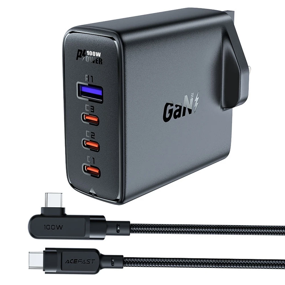 Acefast Fast įkroviklis GaN UK 100W Power Delivery 3x USB C 1x USB – juodos spalvos