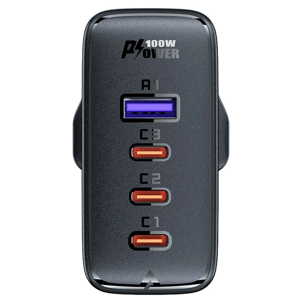 Acefast Fast įkroviklis GaN UK 100W Power Delivery 3x USB C 1x USB – juodos spalvos