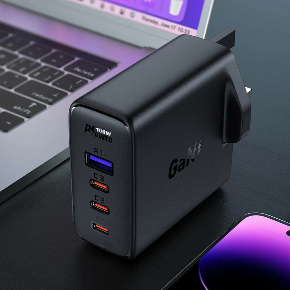 Acefast Fast įkroviklis GaN UK 100W Power Delivery 3x USB C 1x USB – juodos spalvos