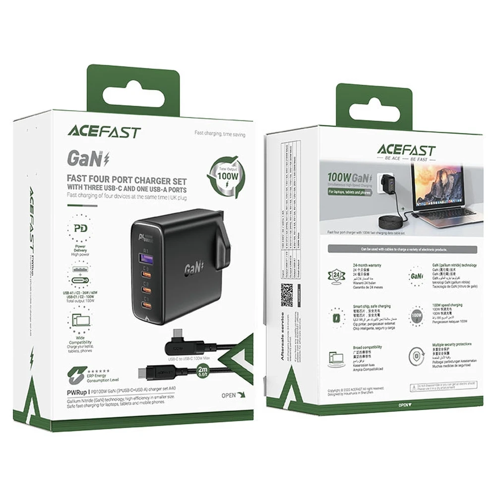 Acefast Fast įkroviklis GaN UK 100W Power Delivery 3x USB C 1x USB – juodos spalvos