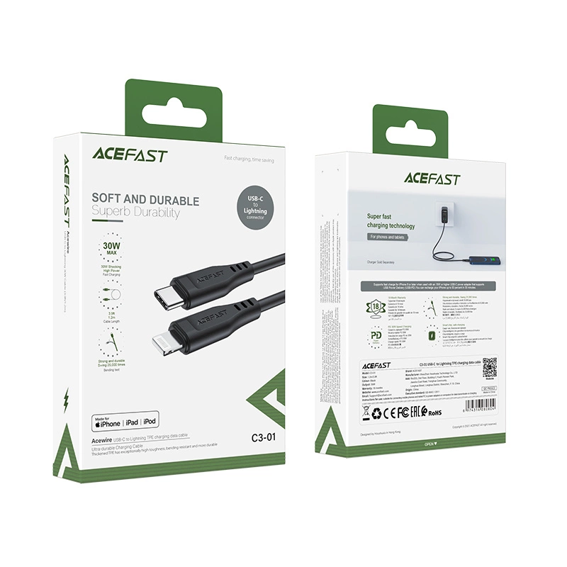 USB MFI laidas Acefast C3-01, USB-C do Lightning, 30 W, 1,2 m (juodas)