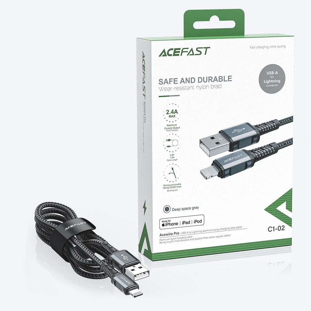 USB laidas prie Lightning Acefast C1-02, 1.2 m (juoda)
