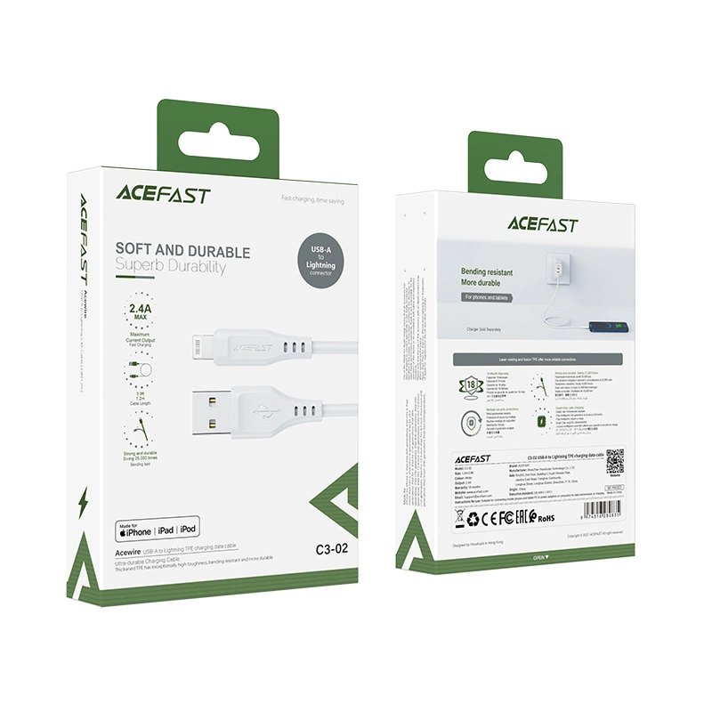 USB laidas Acefast C3-02 MFi USB-A iki Lightning 1.2m baltas