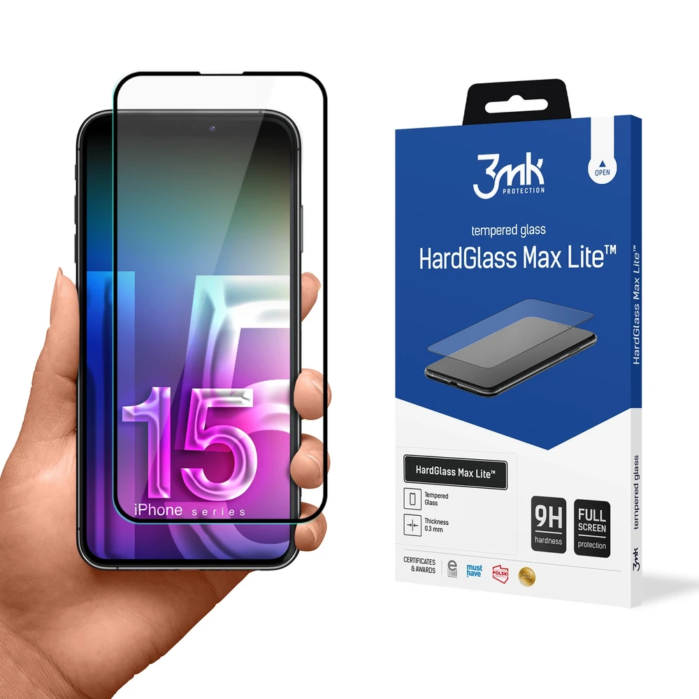 LCD apsauginis stikliukas 3mk Hard Glass Max Lite Apple iPhone 15 juodas