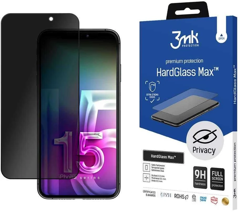 3MK HardGlass Max Privacy Apple iPhone 15 Plus 6.7" juodas, viso ekrano stiklas