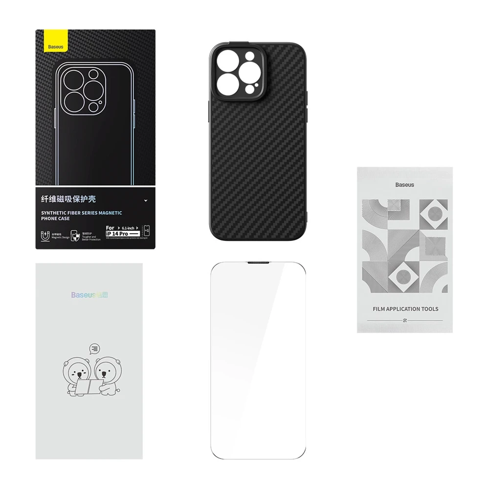 Magnetic Case Baseus Sintetinio pluošto serija, skirta iPhone 14 Pro (juodas)+ grūdintas stiklas + valymo rinkinys