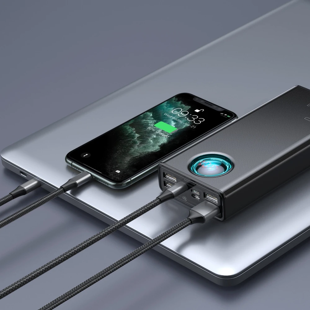LiPo išorinis akumuliatorius (Powerbank) 30000mAh 65W su PD3.0 QC3.0 4xUSB + USB C Amblight juodas BASEUS