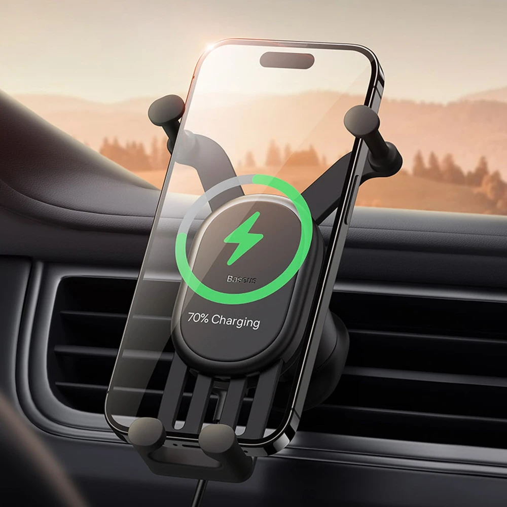 Baseus Automobilinis laikiklis 5.4-6.7" ekranų telefonams su belaidžiu įkrovimu 15W, juodas