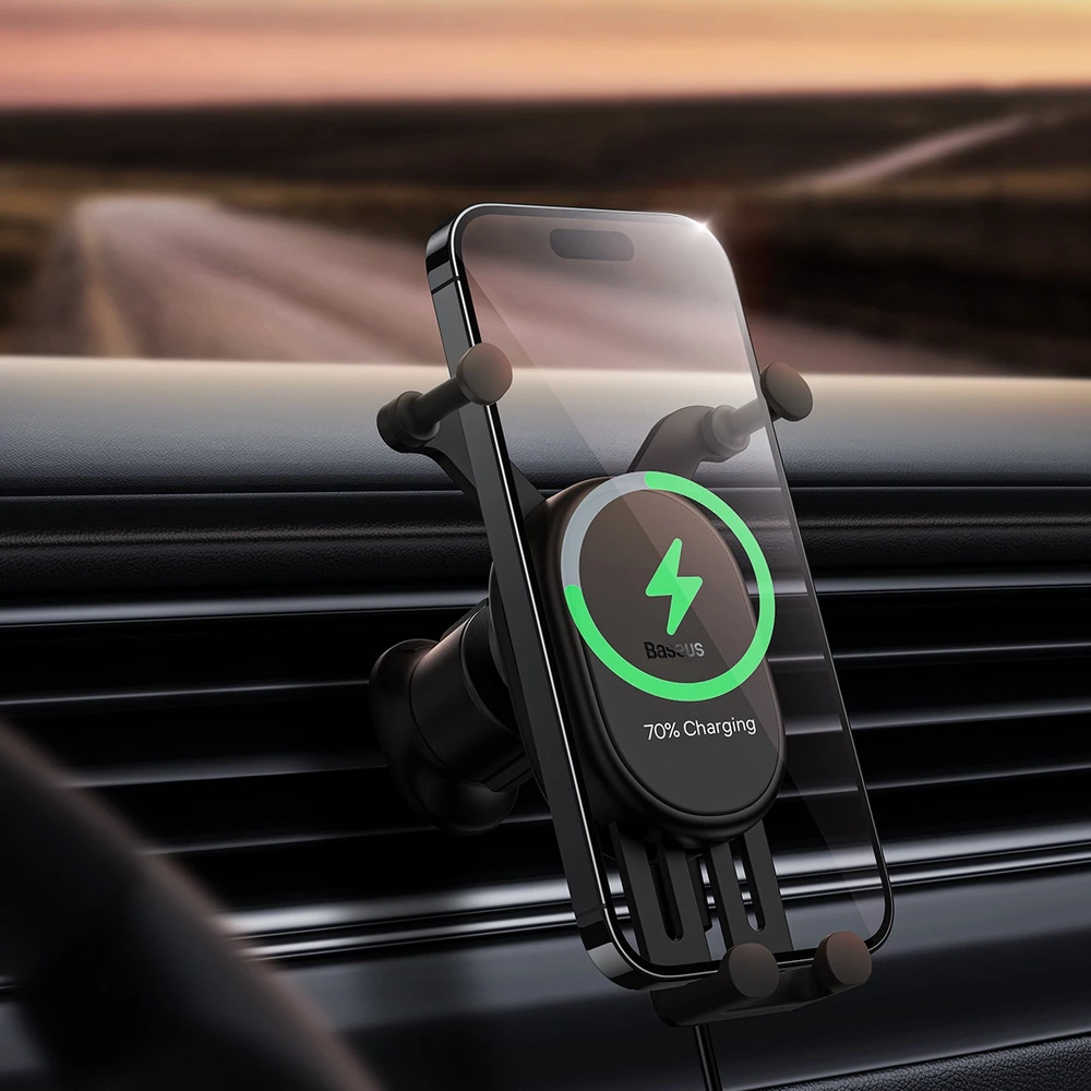 Baseus Automobilinis laikiklis 5.4-6.7" ekranų telefonams su belaidžiu įkrovimu 15W, juodas