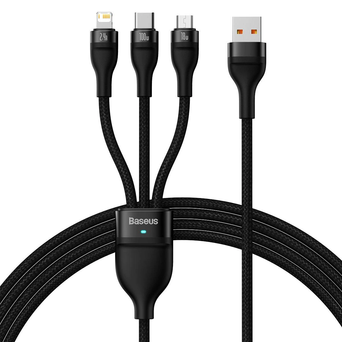 Baseus Flash Series 3in1 USB laidas USB-C + micro USB + Lightning 100W 1.2m – Juodas