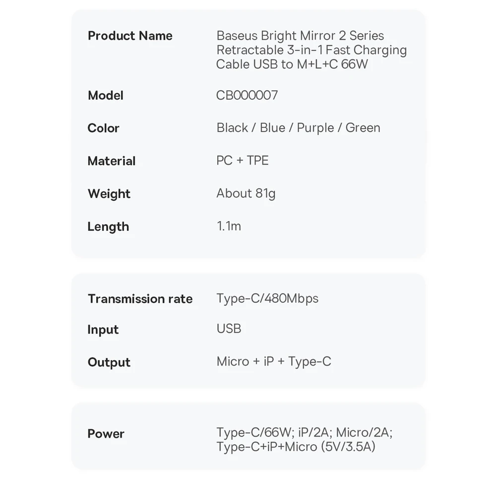 Baseus Bright Mirror 3 USB 3-in-1 kabelis skirtas micro USB USB-C Lightning 66W 2A 1.1m – Violetinė