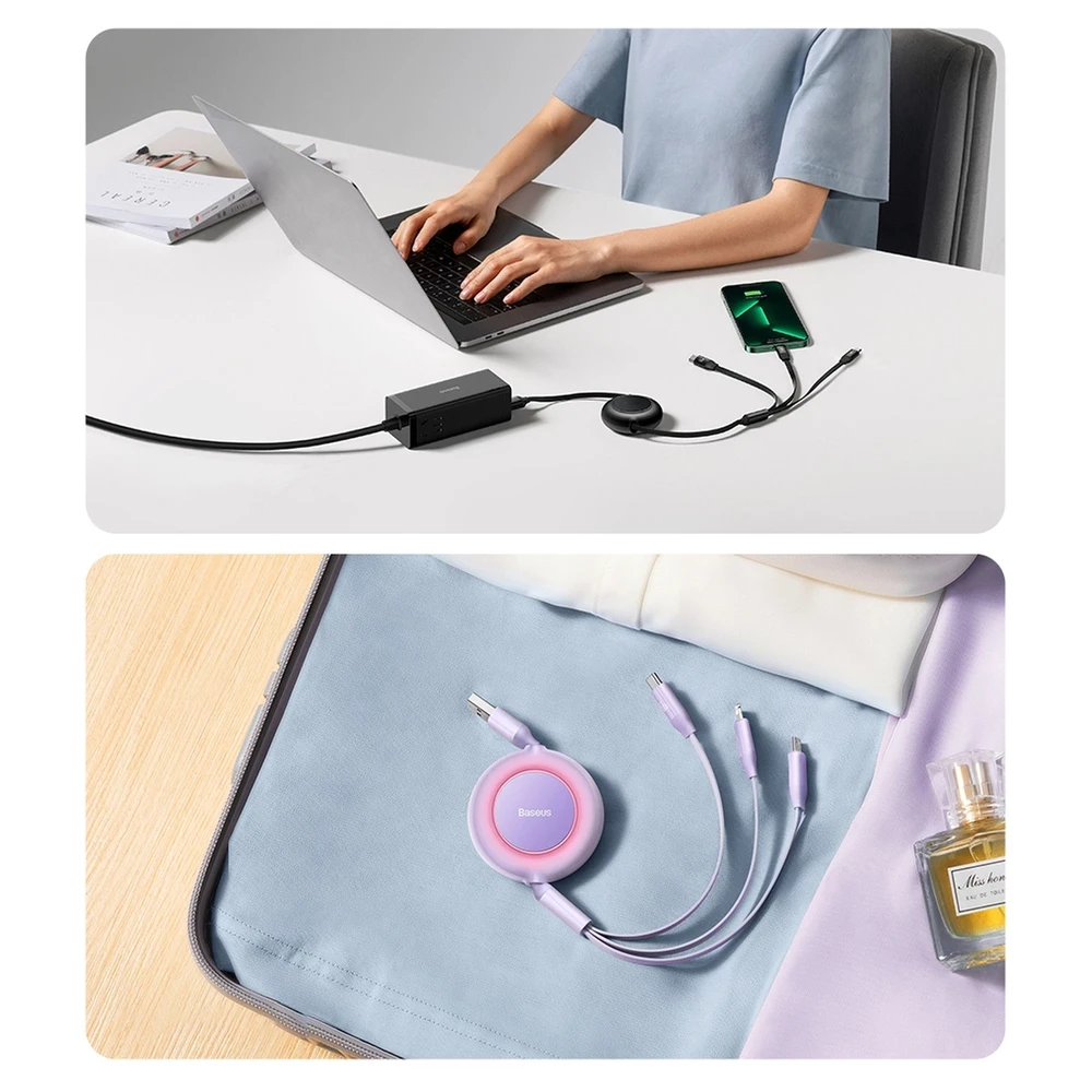 Baseus Bright Mirror 3 USB 3-in-1 kabelis skirtas micro USB USB-C Lightning 66W 2A 1.1m – Violetinė
