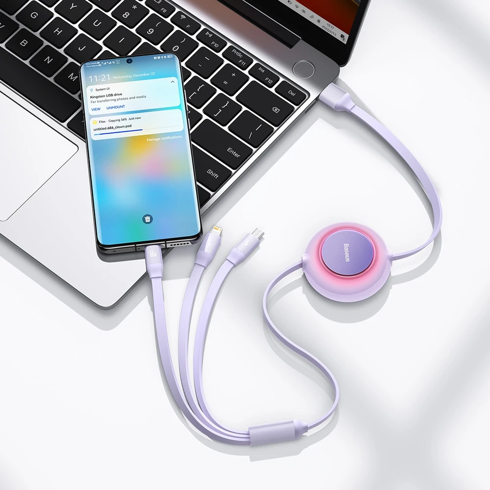 Baseus Bright Mirror 3 USB 3-in-1 kabelis skirtas micro USB USB-C Lightning 66W 2A 1.1m – Violetinė