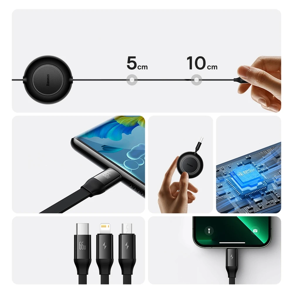 Baseus Bright Mirror 3 USB 3-in-1 kabelis skirtas micro USB USB-C Lightning 66W 2A 1.1m – Violetinė
