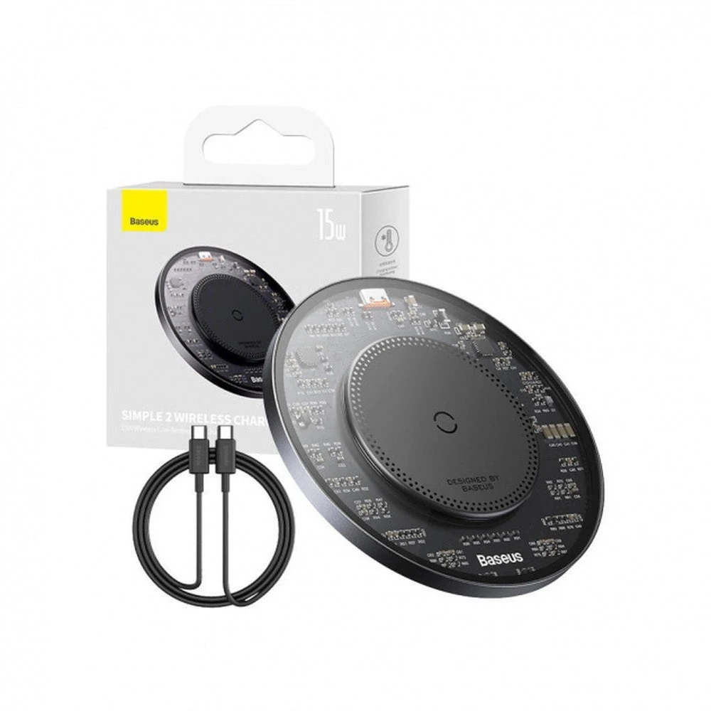Belaidis Qi indukcinis įkroviklis Baseus Simple 2, 15 W su USB-C į USB-C laidu (juodas)