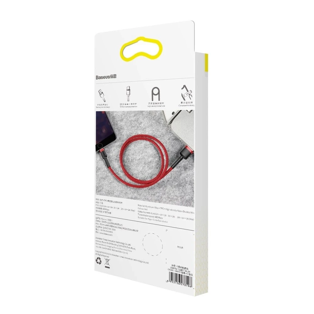 Kabelis Baseus USB2.0 A - IP lightning, 0.5 m, QC3.0 su nailoniniu šarvu Cafule raudonas/juodas