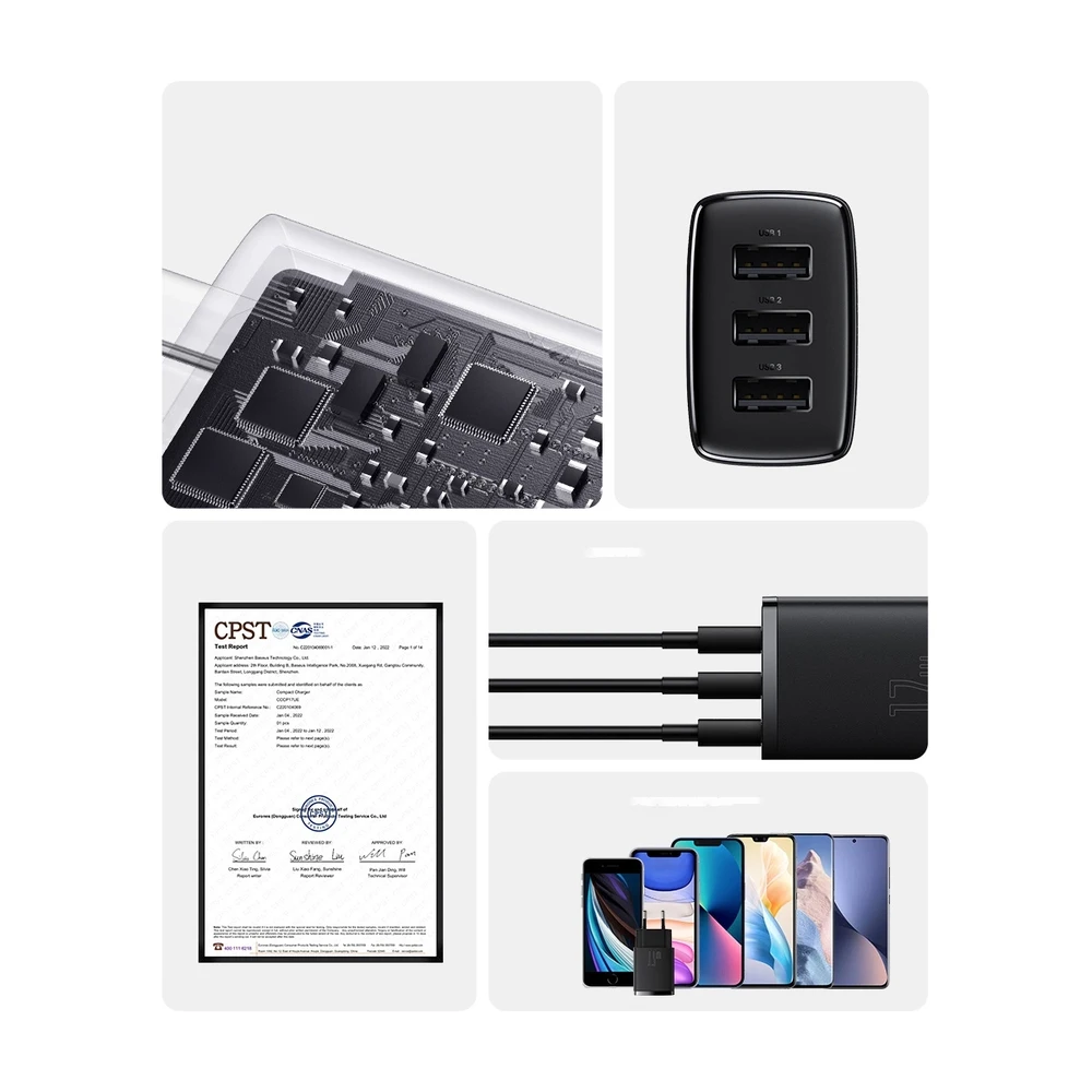 Baseus kompaktiškas greitas įkroviklis, 3x USB, 17W - baltas