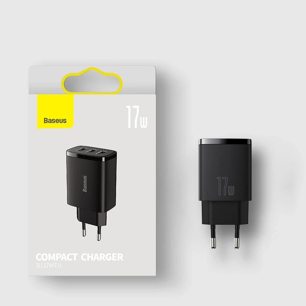 Baseus kompaktiškas greitas įkroviklis, 3x USB, 17W - baltas