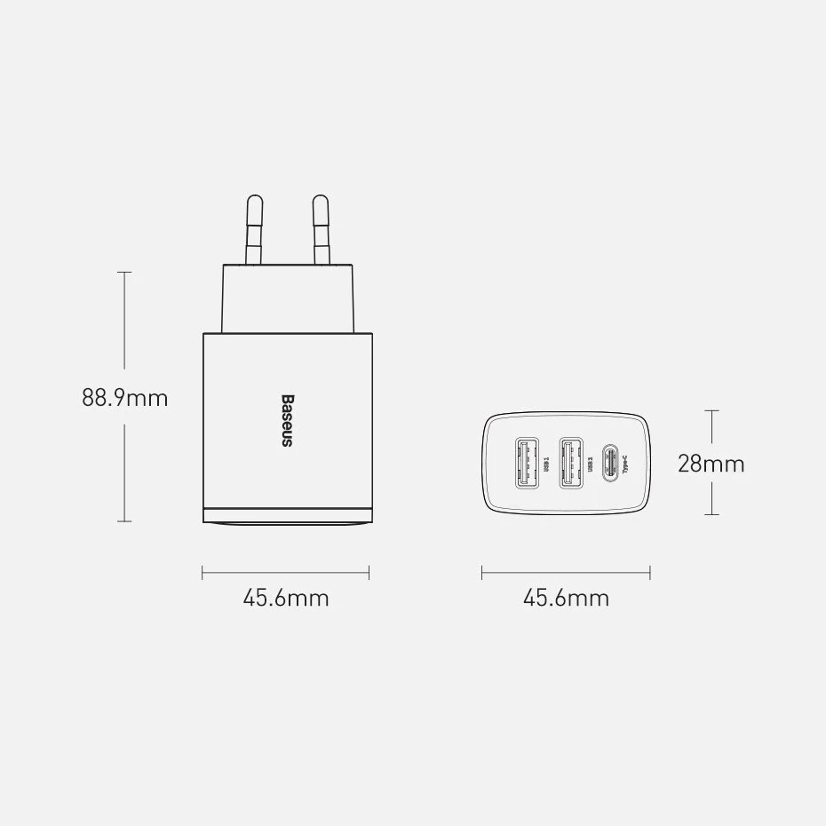 Baseus Sieninis įkroviklis 30W 2xUSB + USB-C QC3.0 PD3.0, baltas
