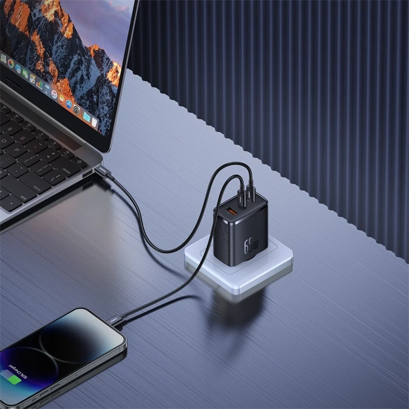 Sieninis įkroviklis Baseus OS-Cube Pro 2xUSB-C + USB, 65W (juodas)