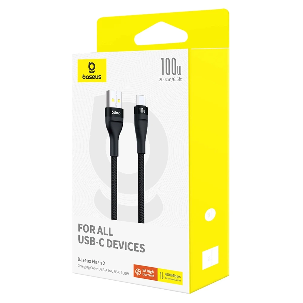 Baseus Flash 2 USB-A / USB-C kabelis 100W 1 m – juodos spalvos