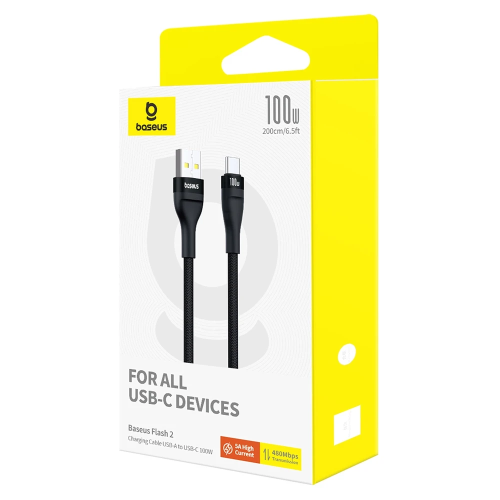 Įkrovimo kabelis Baseus Flash 2 USB į USB-C 100W, 2m (juodas)