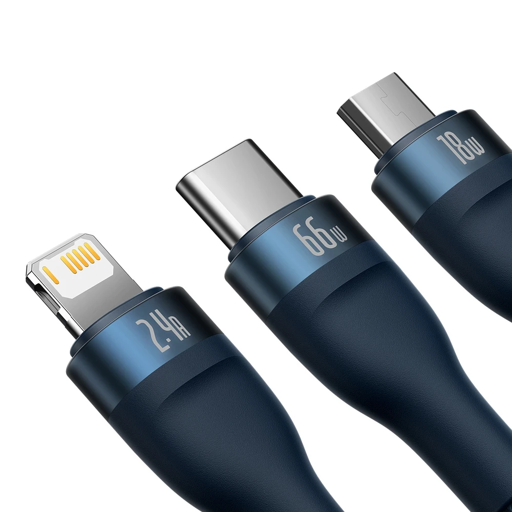 Baseus Flash 3 su 1-ben USB įkrovikliu, USB-C + Micro USB + Lightning 66 W, 1.2 m (kek)