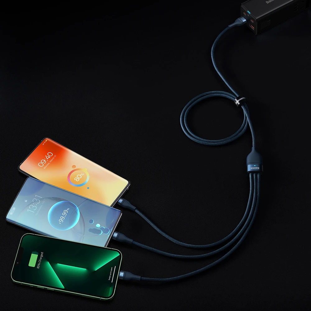 Baseus Flash 3 su 1-ben USB įkrovikliu, USB-C + Micro USB + Lightning 66 W, 1.2 m (kek)