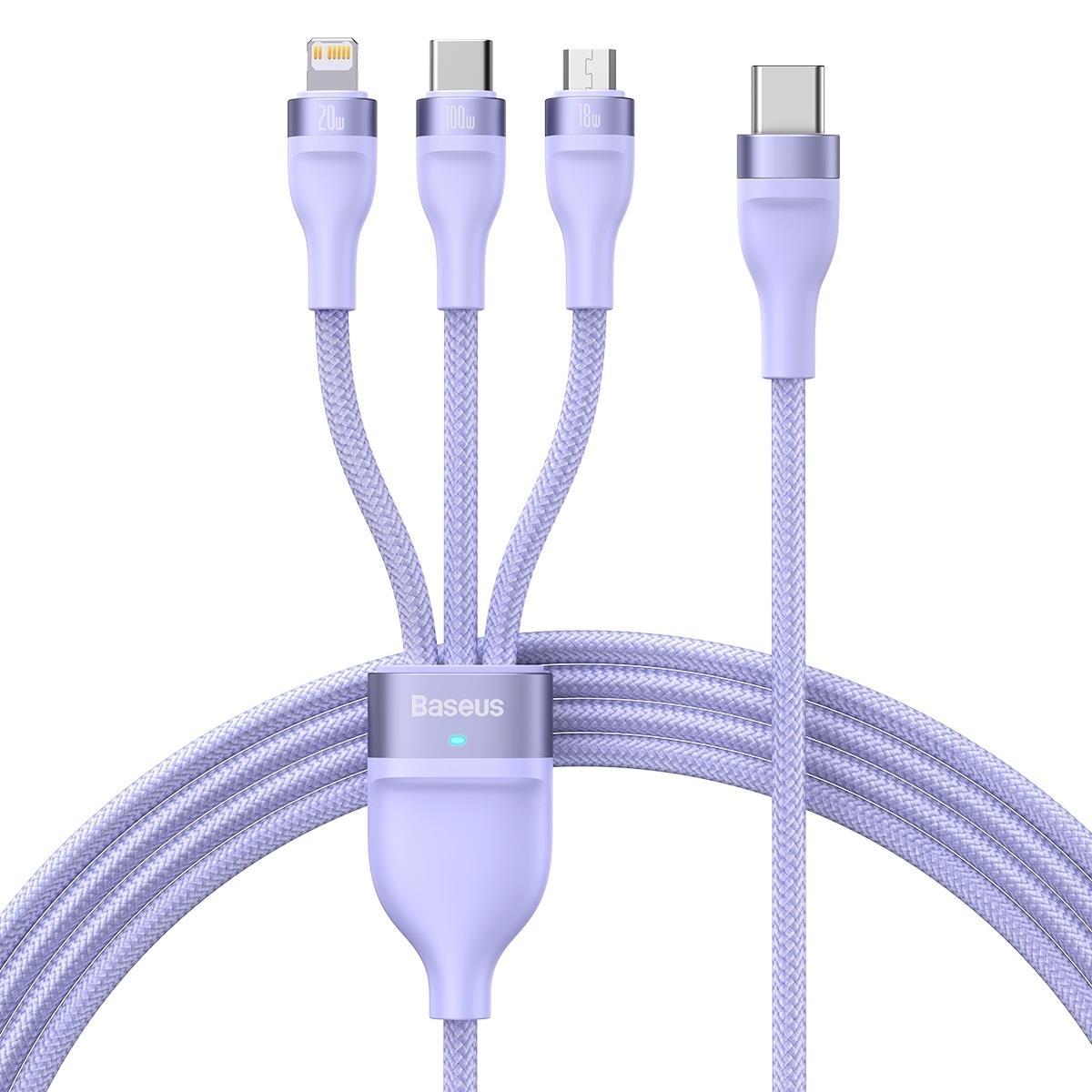 Baseus Flash Series 2 trys viename kabelis USB-C + mikro USB + Lightning violetinis 100 W, 1.5 m