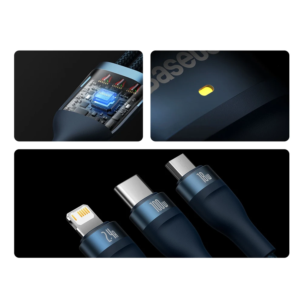 Baseus Flash Series 3in1 USB laidas USB-C + micro USB + Lightning 100W 1.2m - Mėlynas
