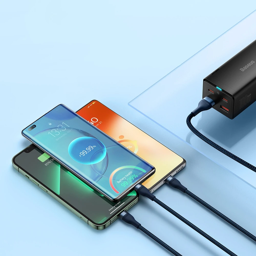 Baseus Flash Series 3in1 USB laidas USB-C + micro USB + Lightning 100W 1.2m - Mėlynas