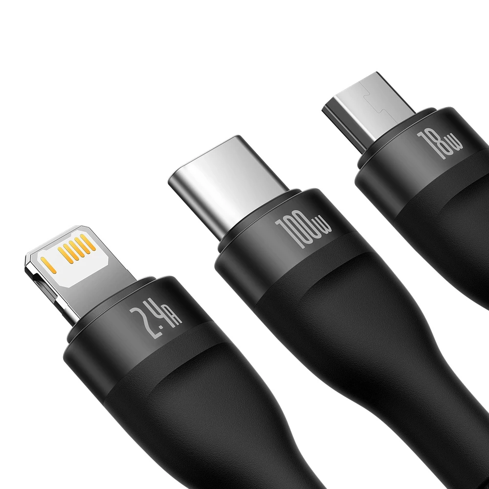 Baseus Flash Series 3in1 USB laidas USB-C + micro USB + Lightning 100W 1.2m – Juodas