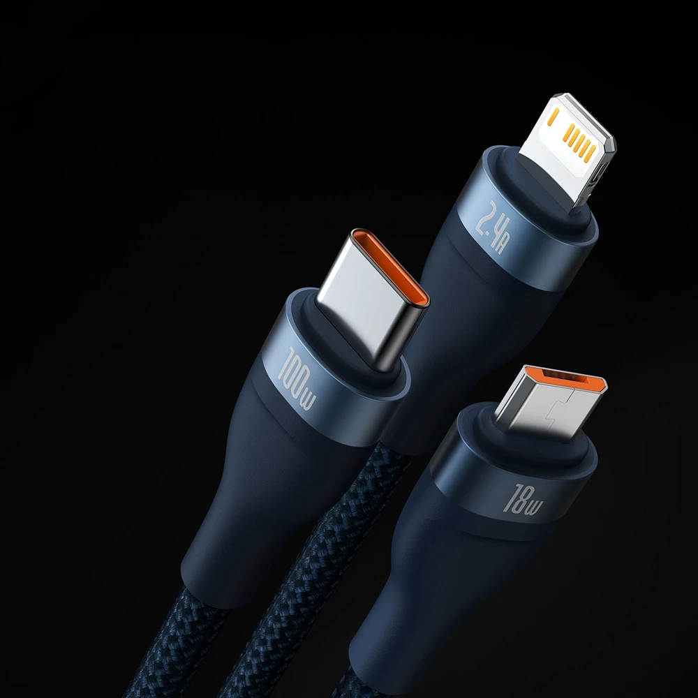 Baseus Flash Series 3in1 USB laidas USB-C + micro USB + Lightning 100W 1.2m - Mėlynas