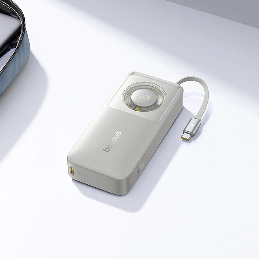Baseus „Free2Pull“ 10000 mAh 30 W išorinė baterija su USB-C prievadu ir ištraukiamu USB-C laidu – pilkos spalvos