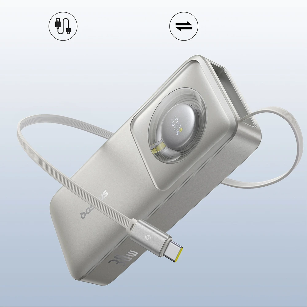 Baseus „Free2Pull“ 10000 mAh 30 W išorinė baterija su USB-C prievadu ir ištraukiamu USB-C laidu – pilkos spalvos