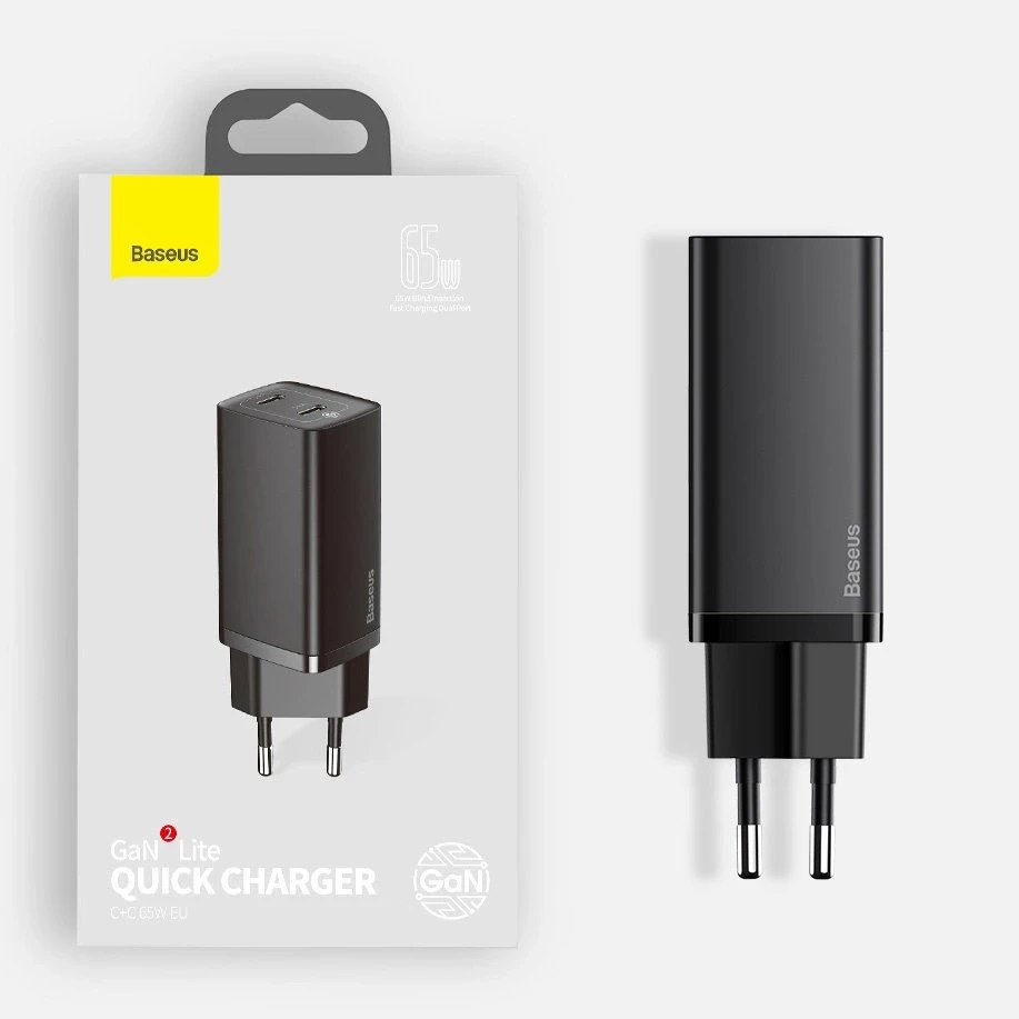 Baseus GaN2 Lite greitas kelioninis įkroviklis USB + C 65W EU - Juodas